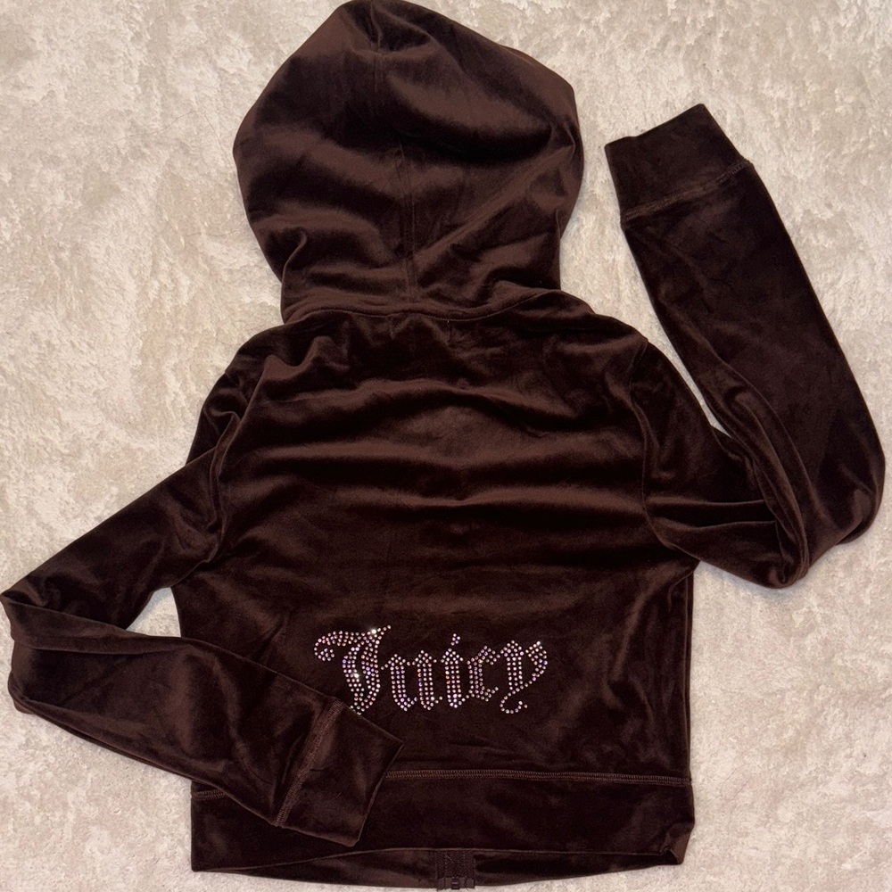 Brown juicy zip up jacket with rhinestone logo